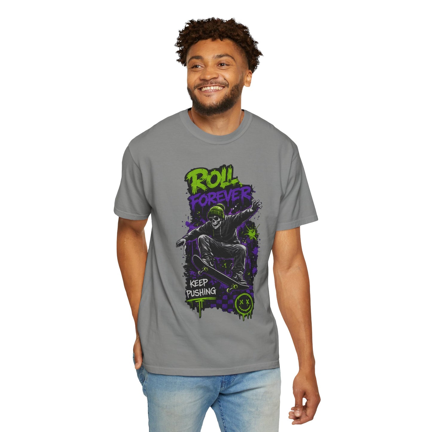 Skateboard T-Shirt — "Roll Forever / Keep Pushing" Graphic Tee