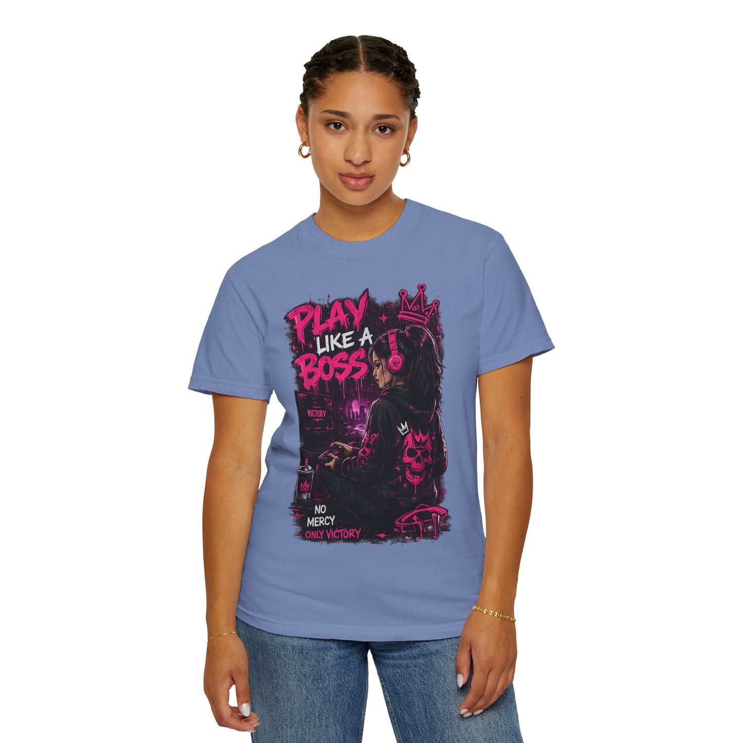 Play Like a Boss T-Shirt — Gamer Crown Graphic Tee ("No Mercy, Only Victory")
