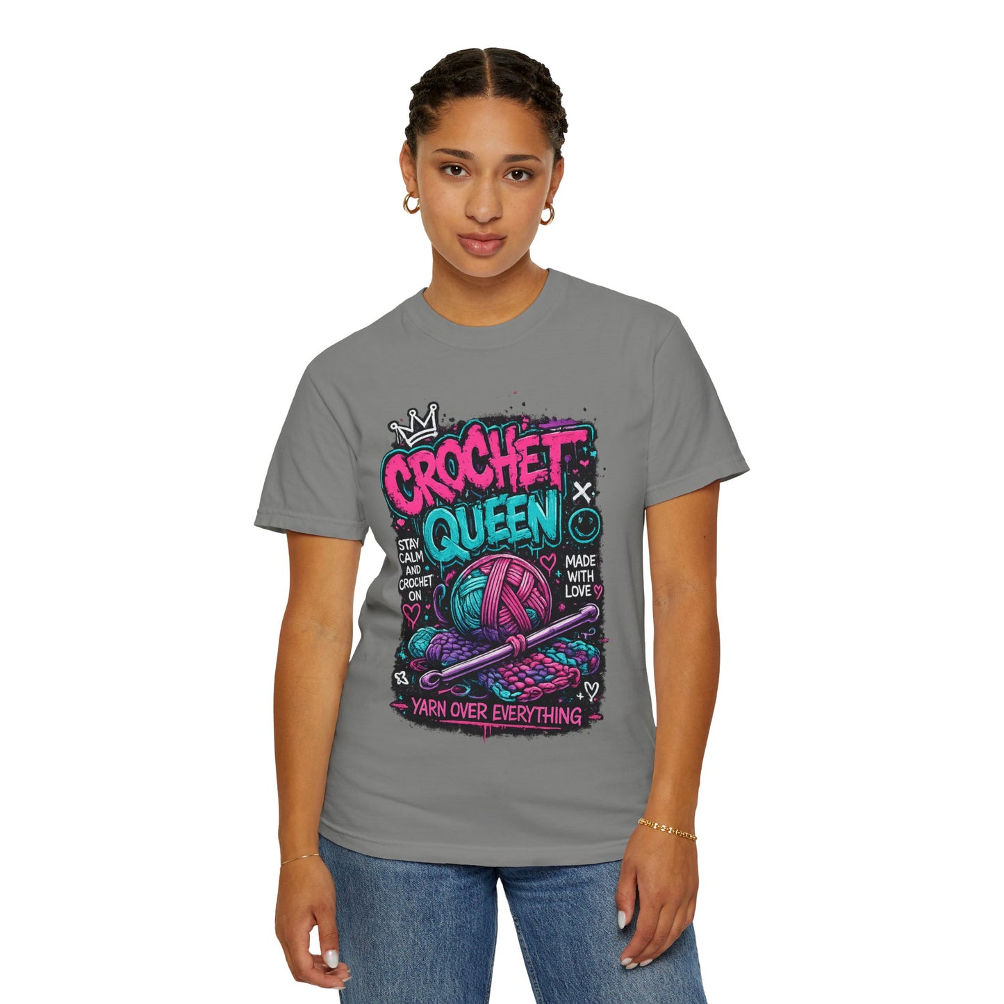 Crochet Queen T-Shirt — Yarn Over Everything Graphic Tee for Crafters