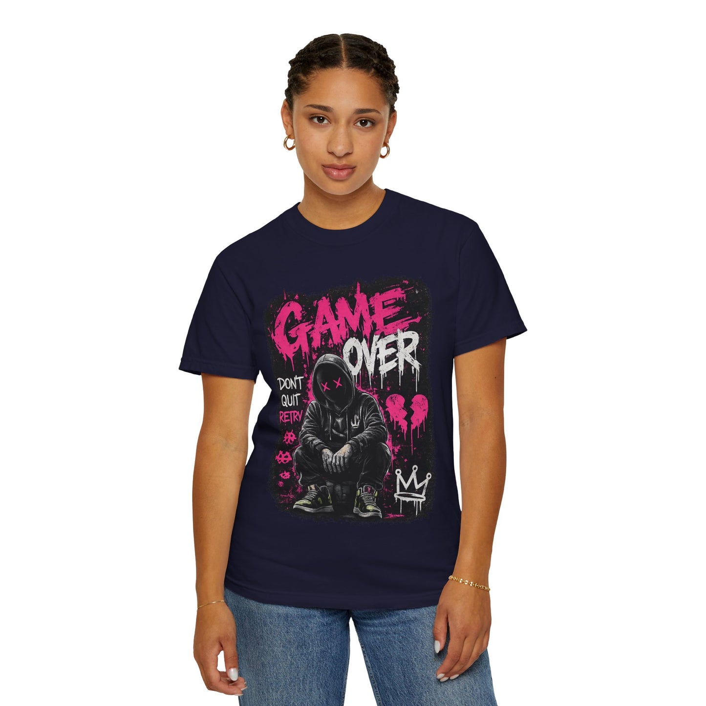 Game Over Graphic T-Shirt — Urban Streetwear Tee with Hooded Figure & 'Don't Quit, Retry' Design
