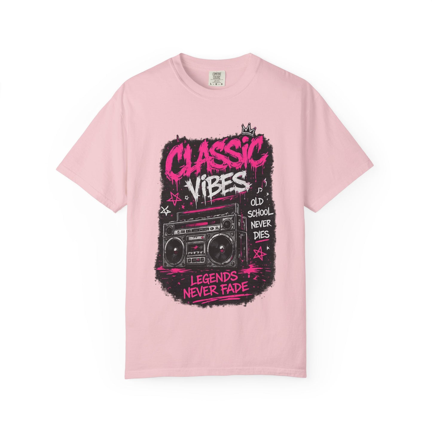 Classic Vibes T-Shirt — 'Legends Never Fade' Retro Boombox Graphic