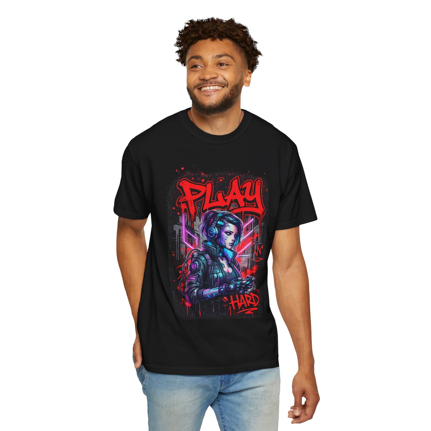 Play Hard Gamer T-Shirt — Neon Cyberpunk Video Game Tee