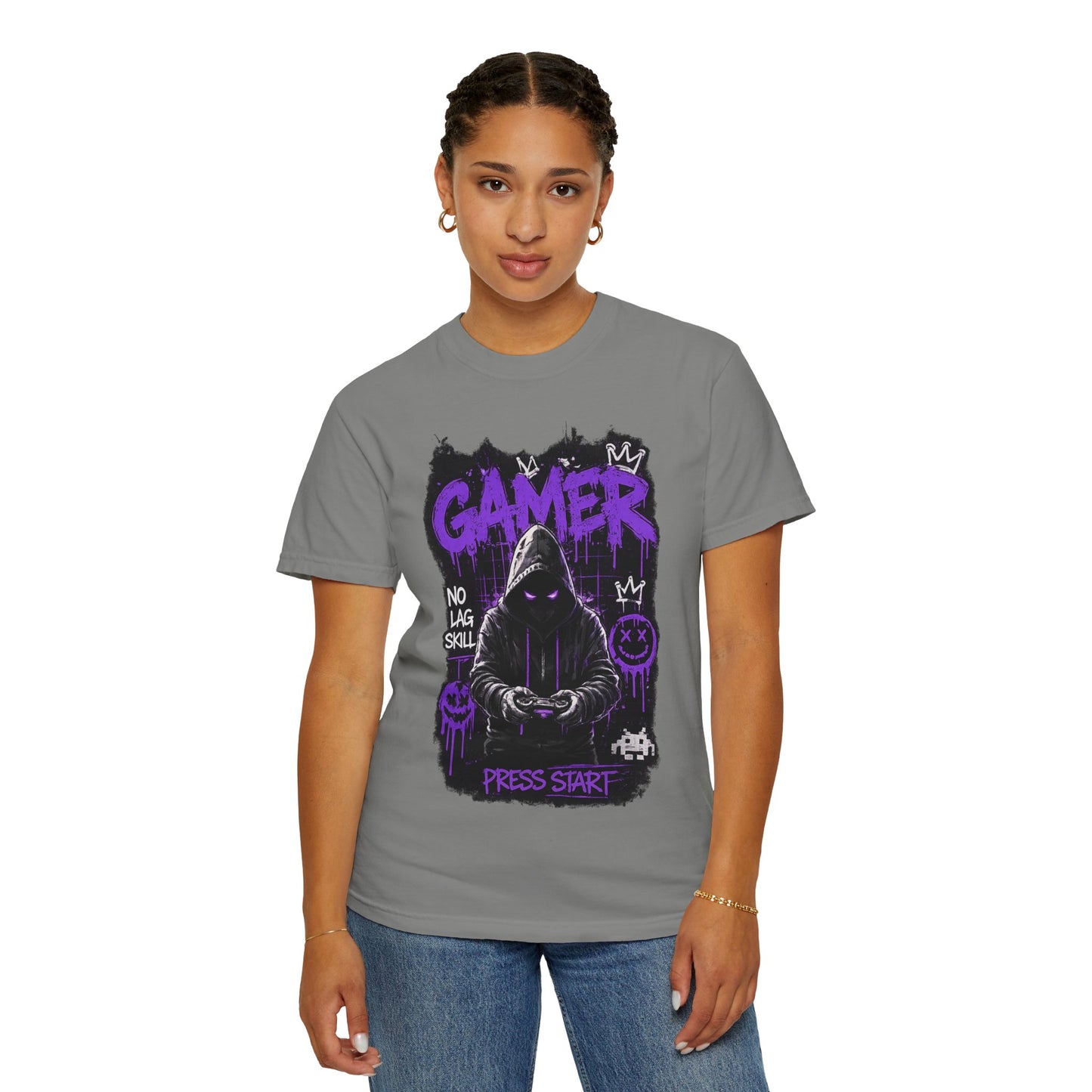 Gamer Hoodie Skull T‑Shirt — 'GAMER' Purple Graphic Press Start Tee
