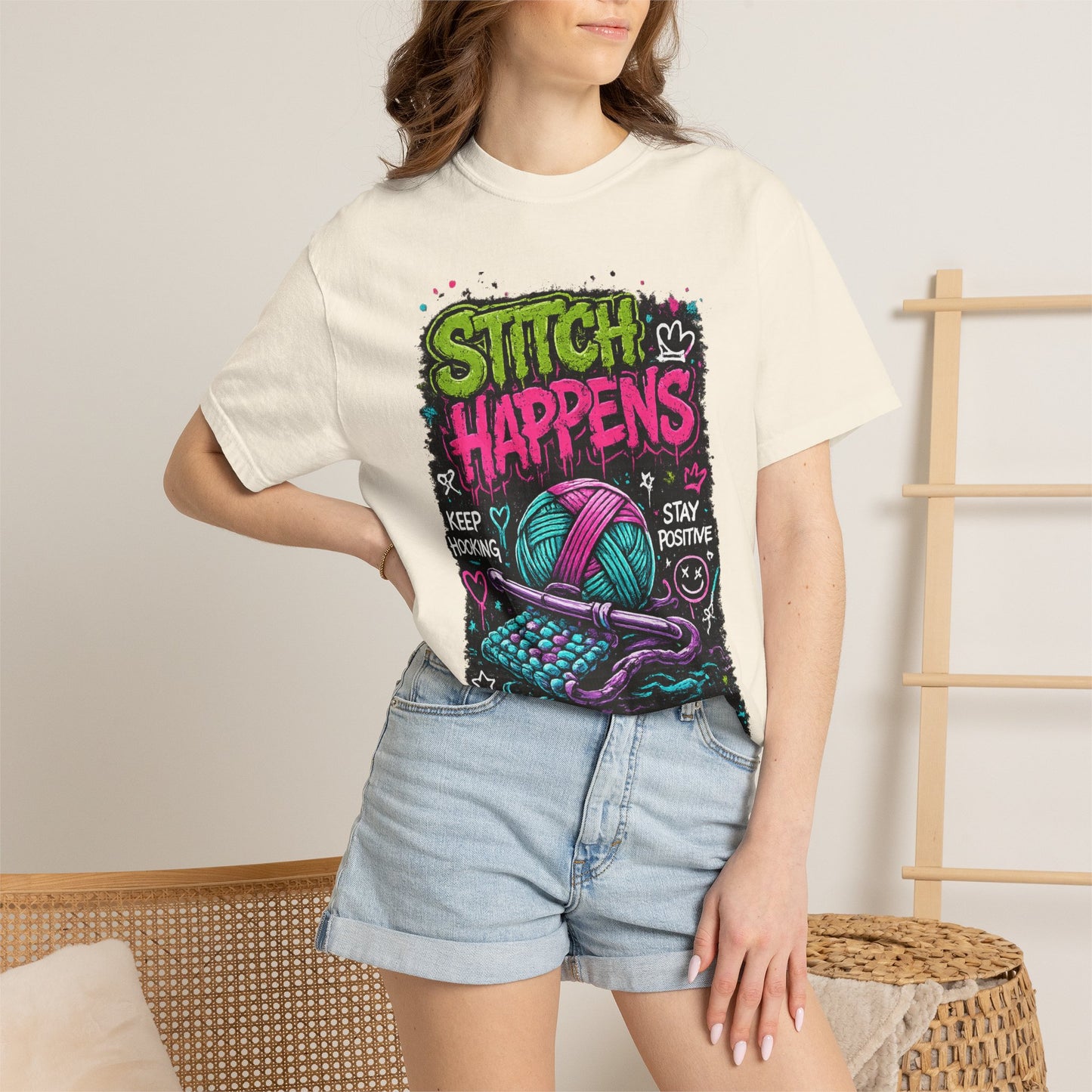Stitch Happens T-Shirt — Funny Knitting & Crochet Graphic Tee