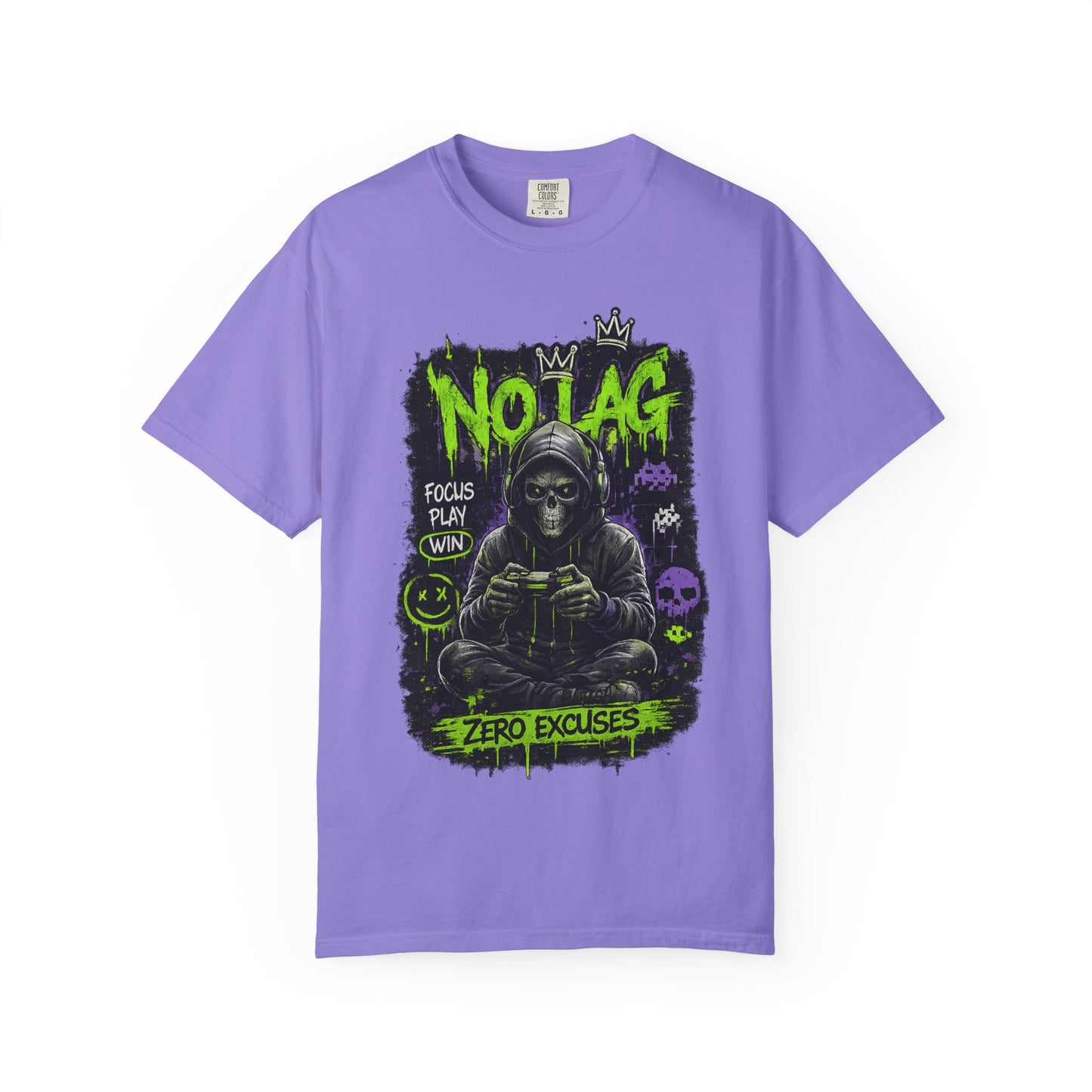 No Lag Gamer T-Shirt — “Zero Excuses” Neon Skull Gaming Tee