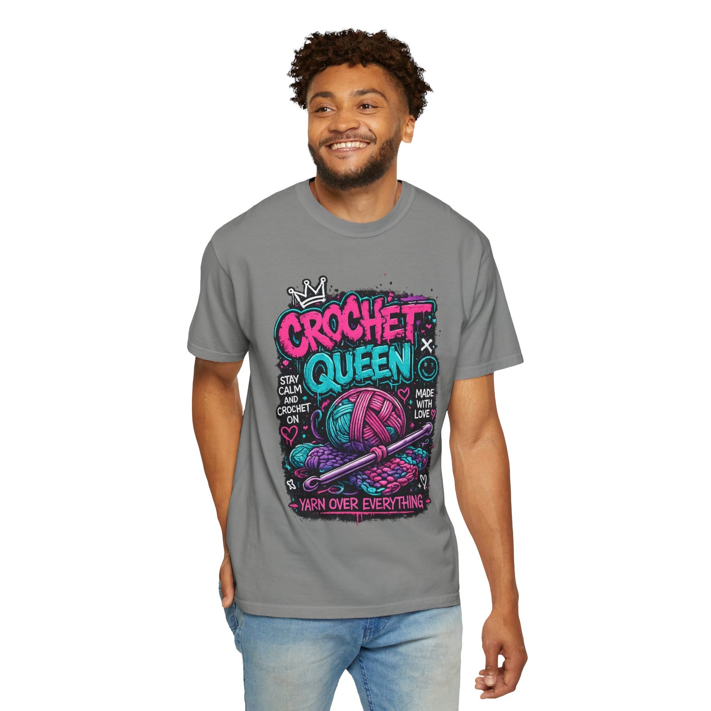 Crochet Queen T-Shirt — Yarn Over Everything Graphic Tee for Crafters