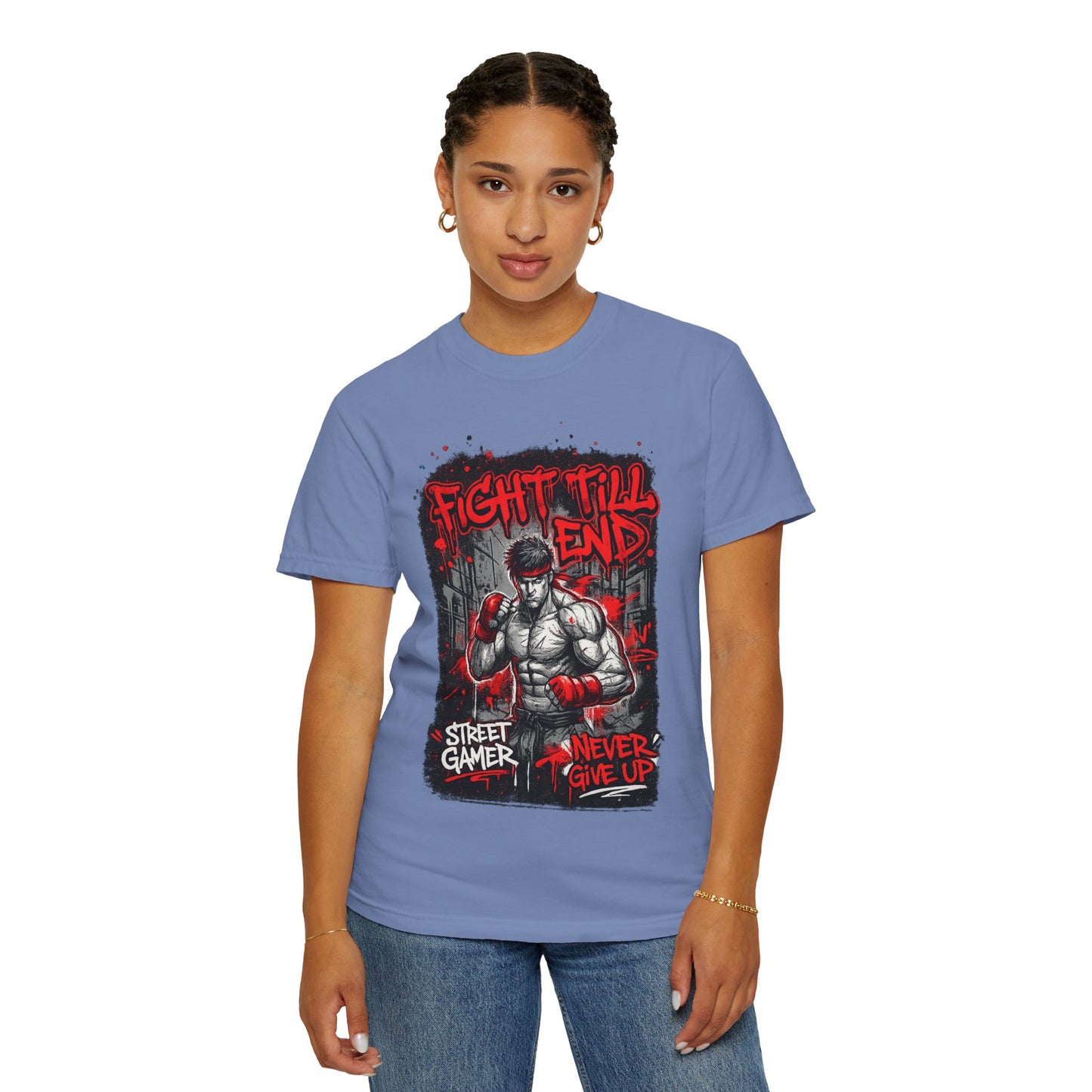 Fight Till End Gamer T-Shirt — 'Street Gamer, Never Give Up' Motivational Tee