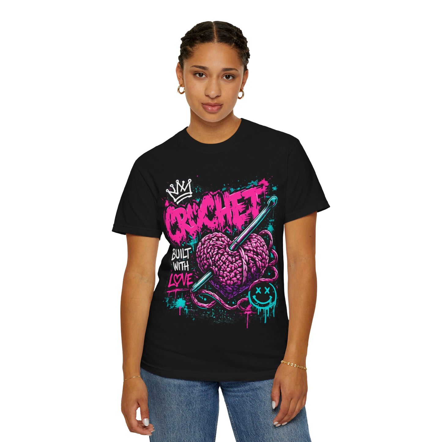 Crochet Built With Love T-Shirt — Retro Graffiti Heart Crochet Tee