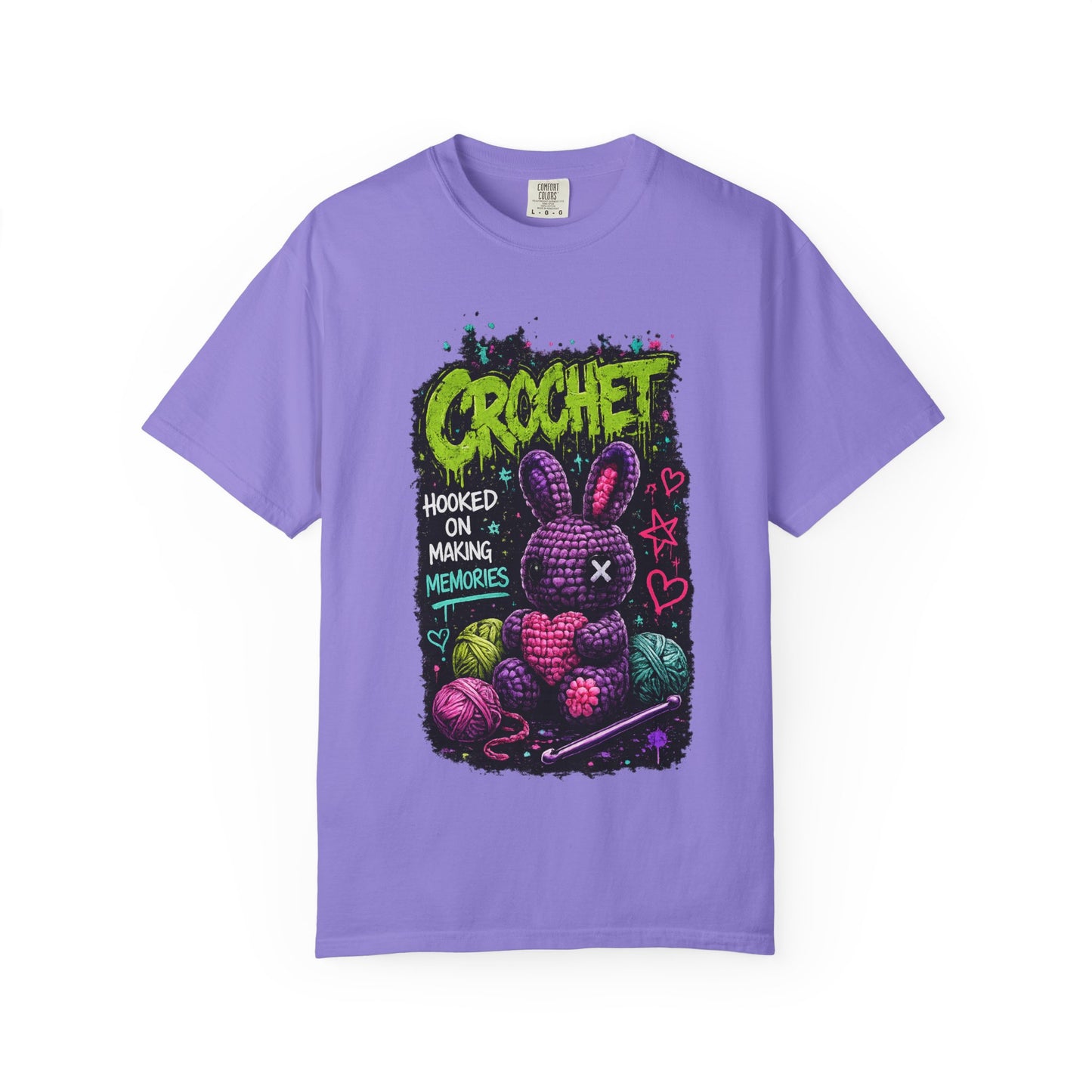 Crochet Bunny Graphic T-Shirt — “Hooked on Making Memories”