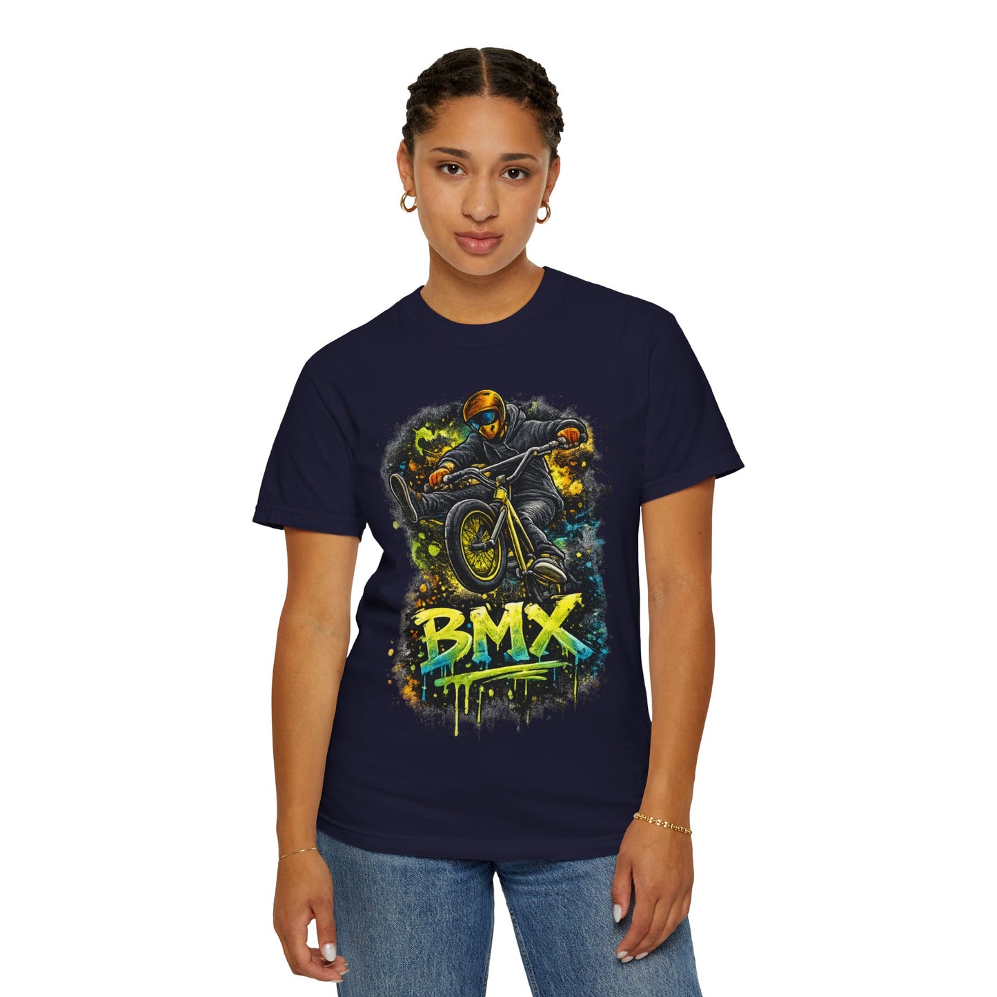 BMX Rider Graphic T-Shirt — Neon Stunt Bike Tee