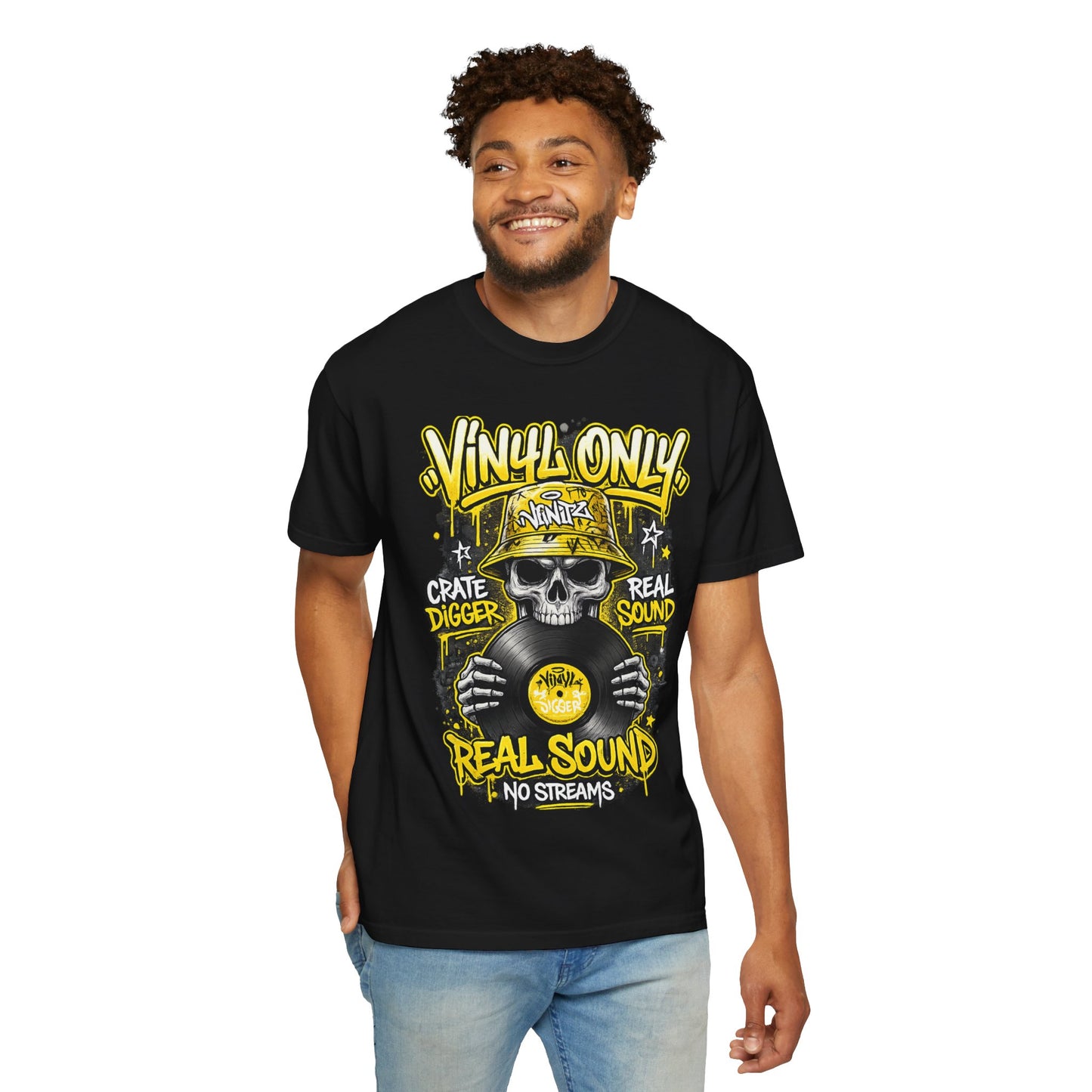 Vinyl Only Skull T-Shirt – "Real Sound, No Streams" Retro DJ Tee