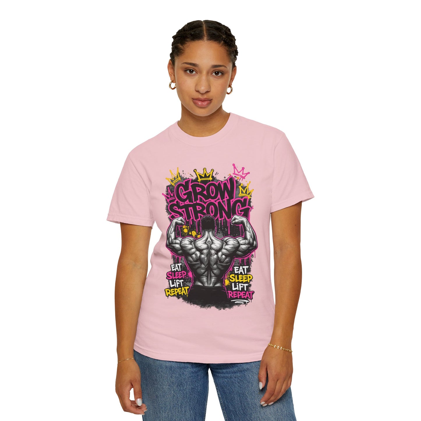 Grow Strong muscular back illustration T-shirt | Eat Sleep Lift Repeat gym tee
