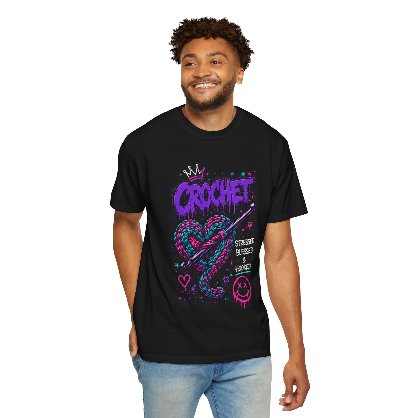 Crochet Graphic T-Shirt — "Stressed Blessed & Hooked" Retro Heart Design