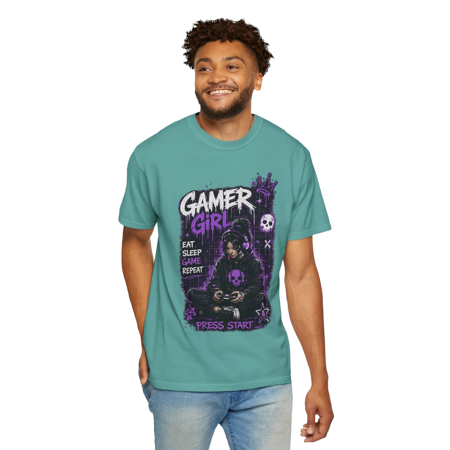 Gamer Girl T-Shirt — Retro Purple Gaming Graphic Tee ("Eat Sleep Game Repeat")