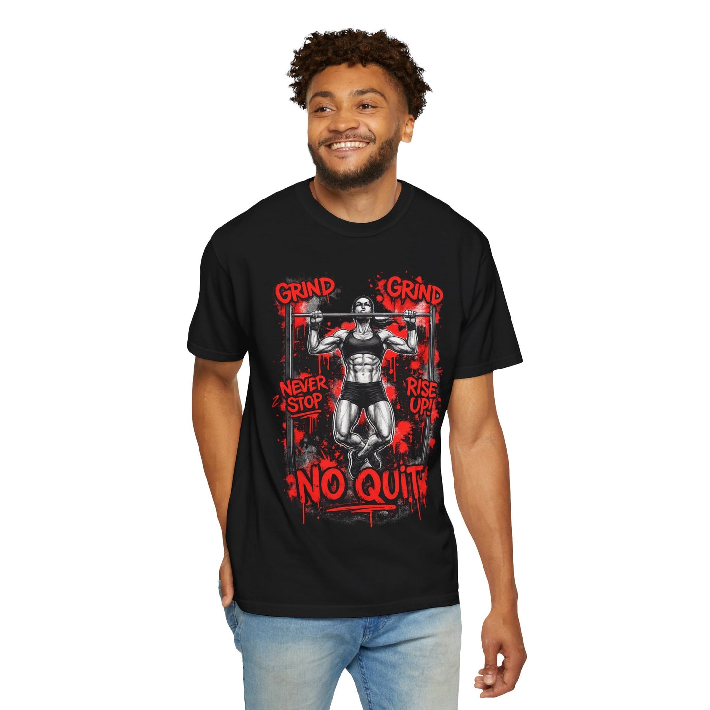 No Quit Gym T-Shirt — 'Grind, Never Stop, Rise Up' Motivational Fitness Tee