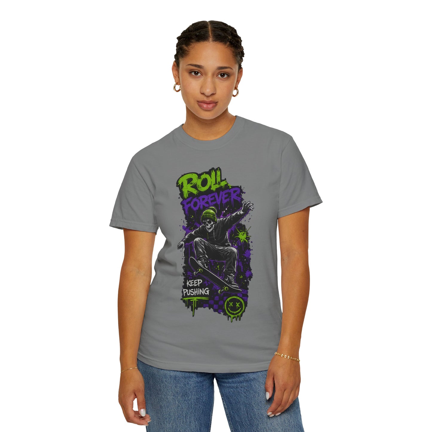 Skateboard T-Shirt — "Roll Forever / Keep Pushing" Graphic Tee