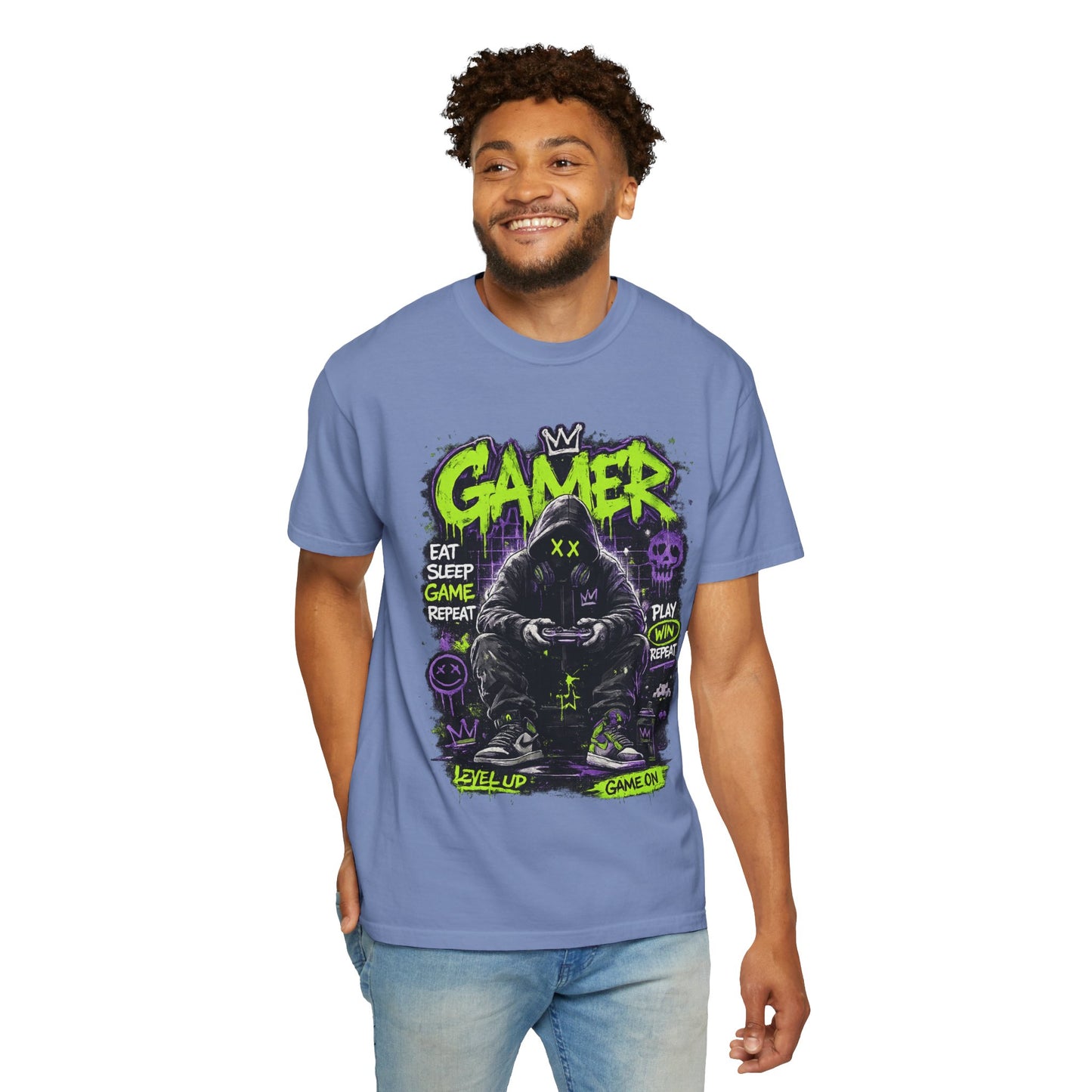 Gamer Hooded Figure Graphic T-Shirt | Neon Green Purple Streetwear
