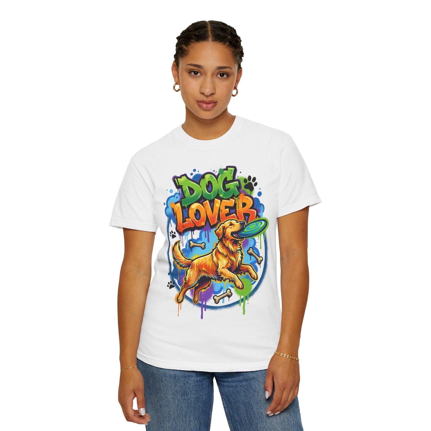 Dog Lover T-Shirt — Colorful Golden Retriever Frisbee Graphic Tee
