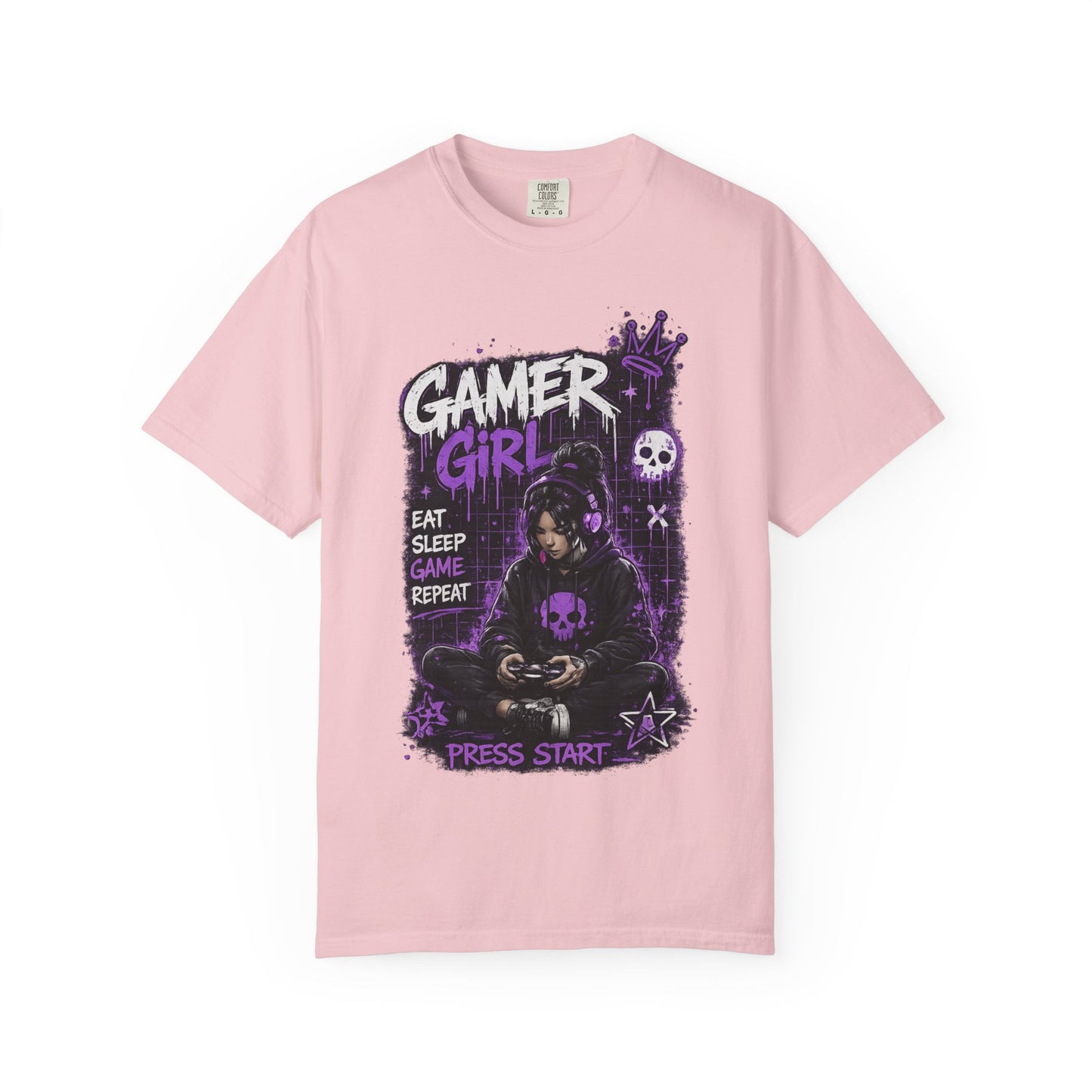 Gamer Girl T-Shirt — Retro Purple Gaming Graphic Tee ("Eat Sleep Game Repeat")