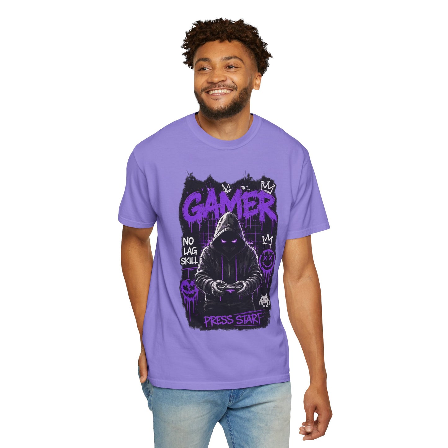 Gamer Hoodie Skull T‑Shirt — 'GAMER' Purple Graphic Press Start Tee