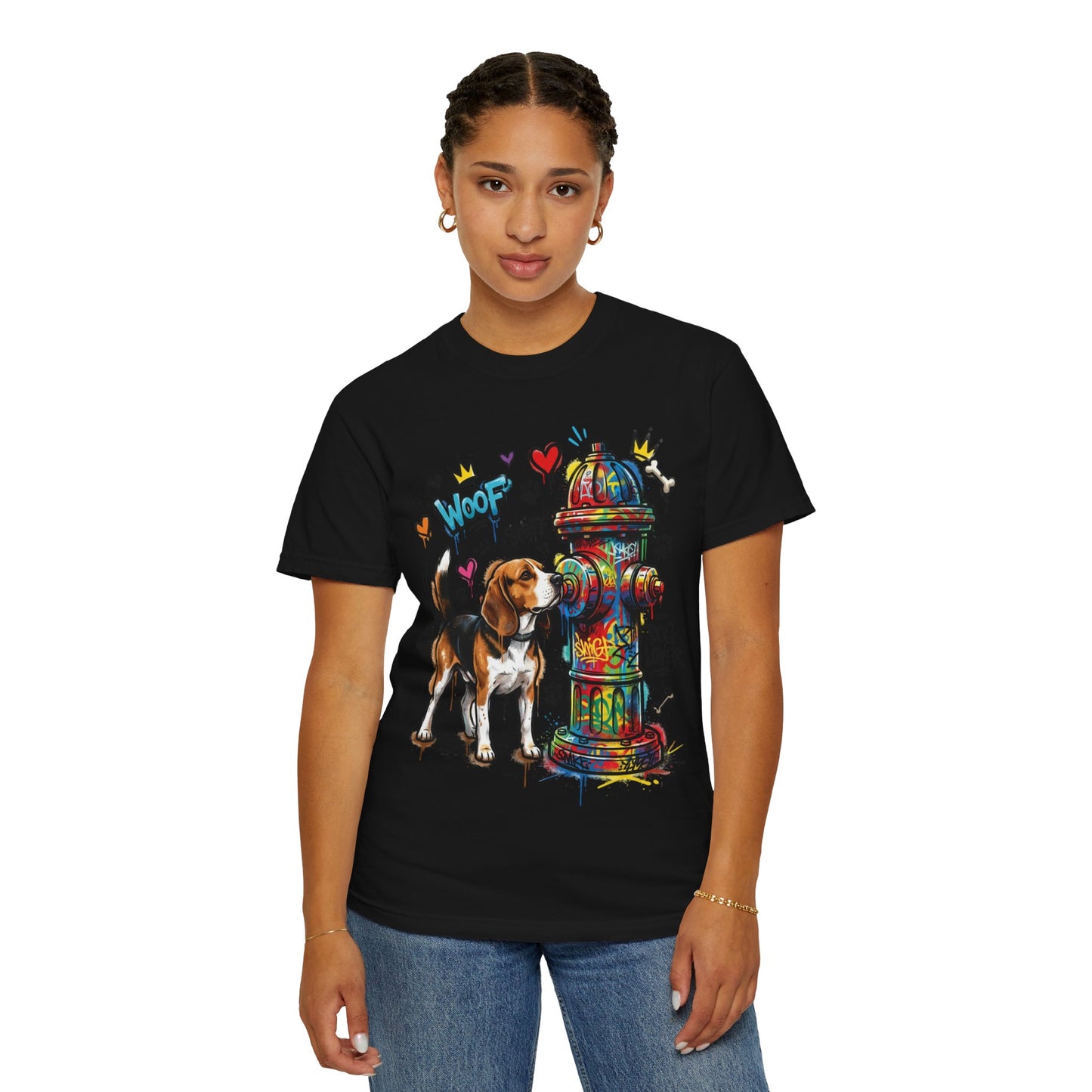 Beagle Dog Lover T-Shirt — Colorful Hydrant & 'Woof Sniff' Graphic