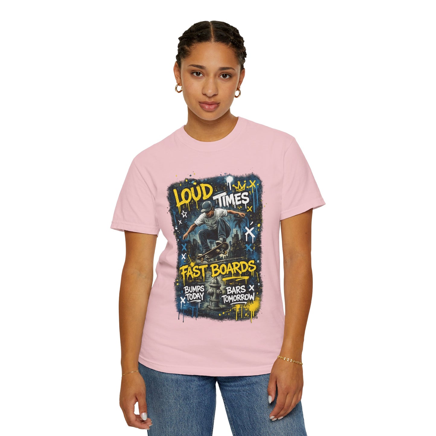 Skateboard Graphic T-Shirt — "Loud Times, Fast Boards" Vintage Skate Tee