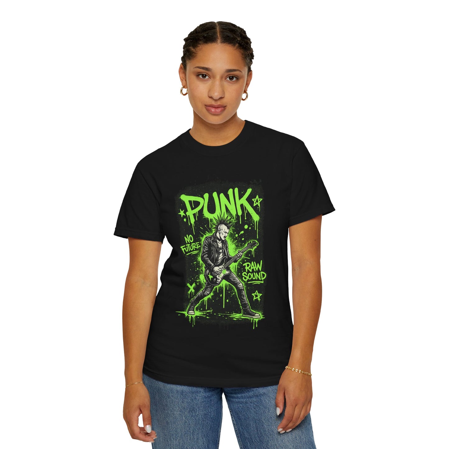 Punk Guitarist Graphic T-Shirt — “PUNK: No Future, Raw Sound” Neon Green Band Tee
