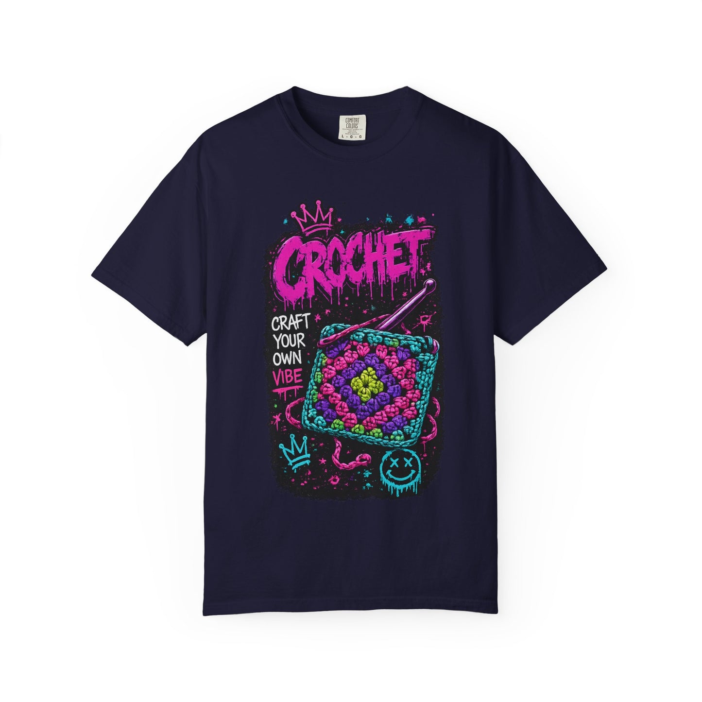 Crochet Vibes Graphic T-Shirt — "Craft Your Own Vibe" Retro Neon Crochet Design