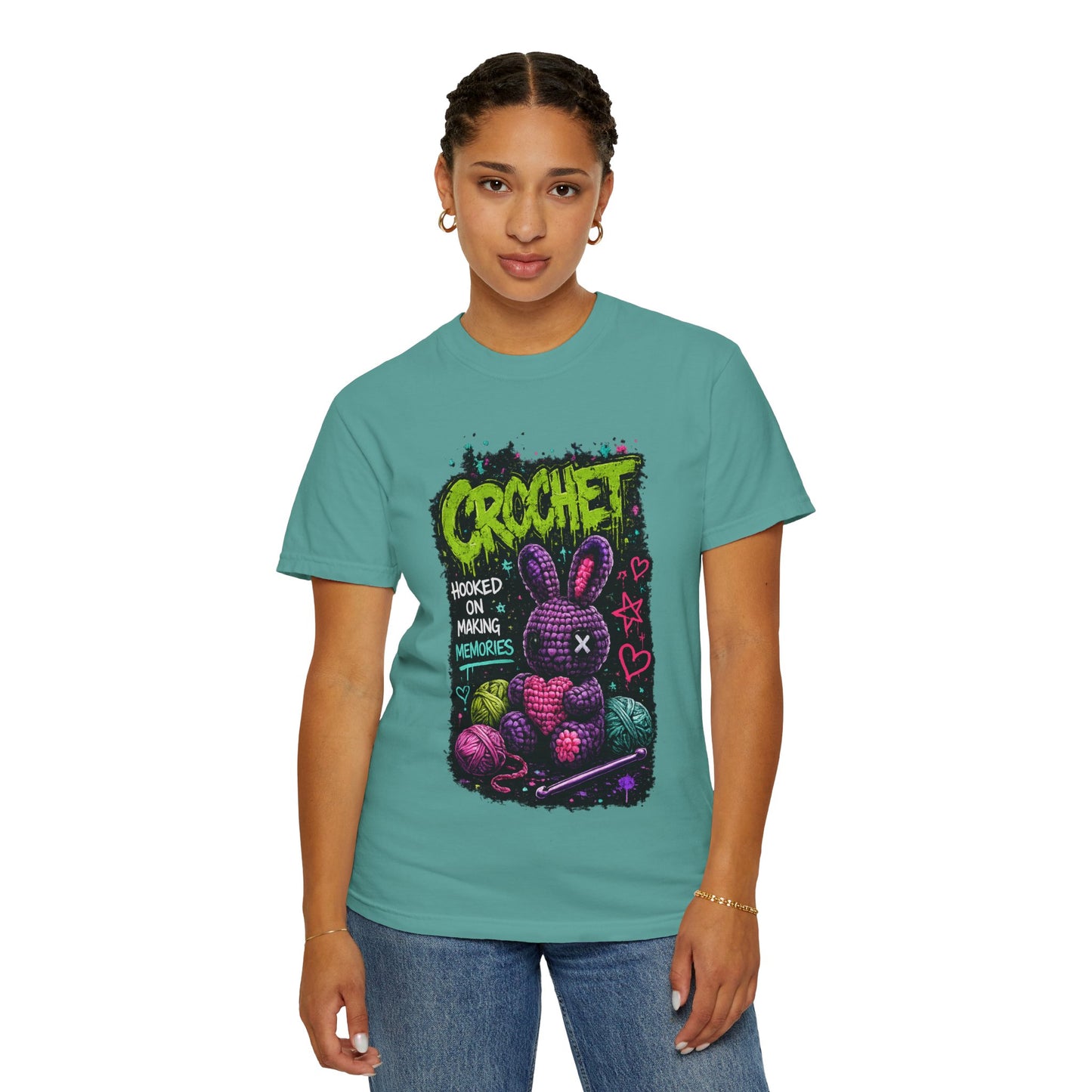Crochet Bunny Graphic T-Shirt — “Hooked on Making Memories”