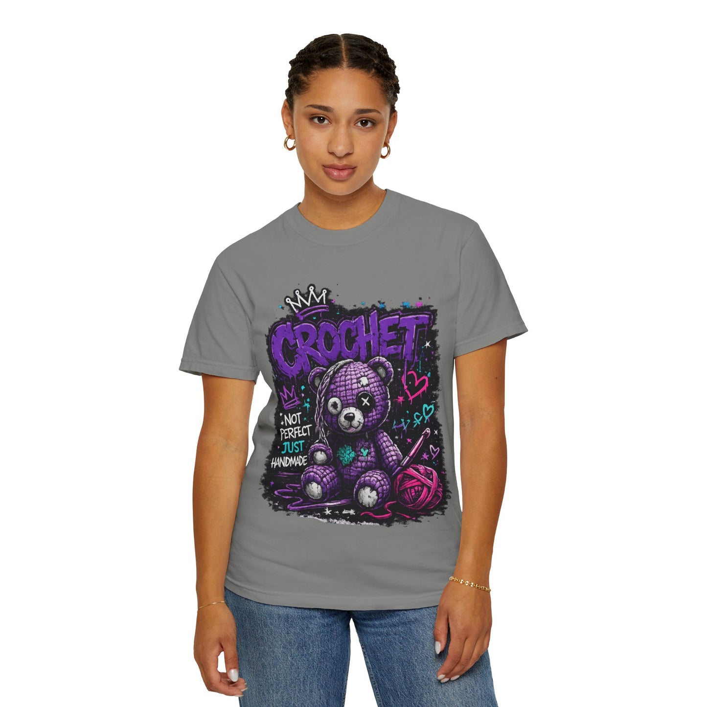 Crochet Teddy T-Shirt — "Not Perfect Just Handmade" Graphic Tee