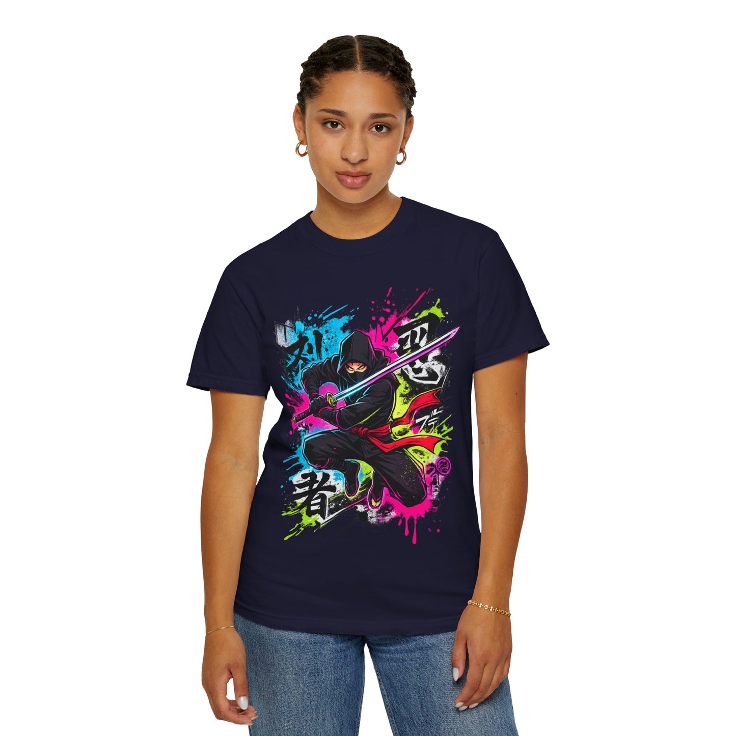 Neon Ninja Samurai T-Shirt — Vibrant Graffiti Sword Art