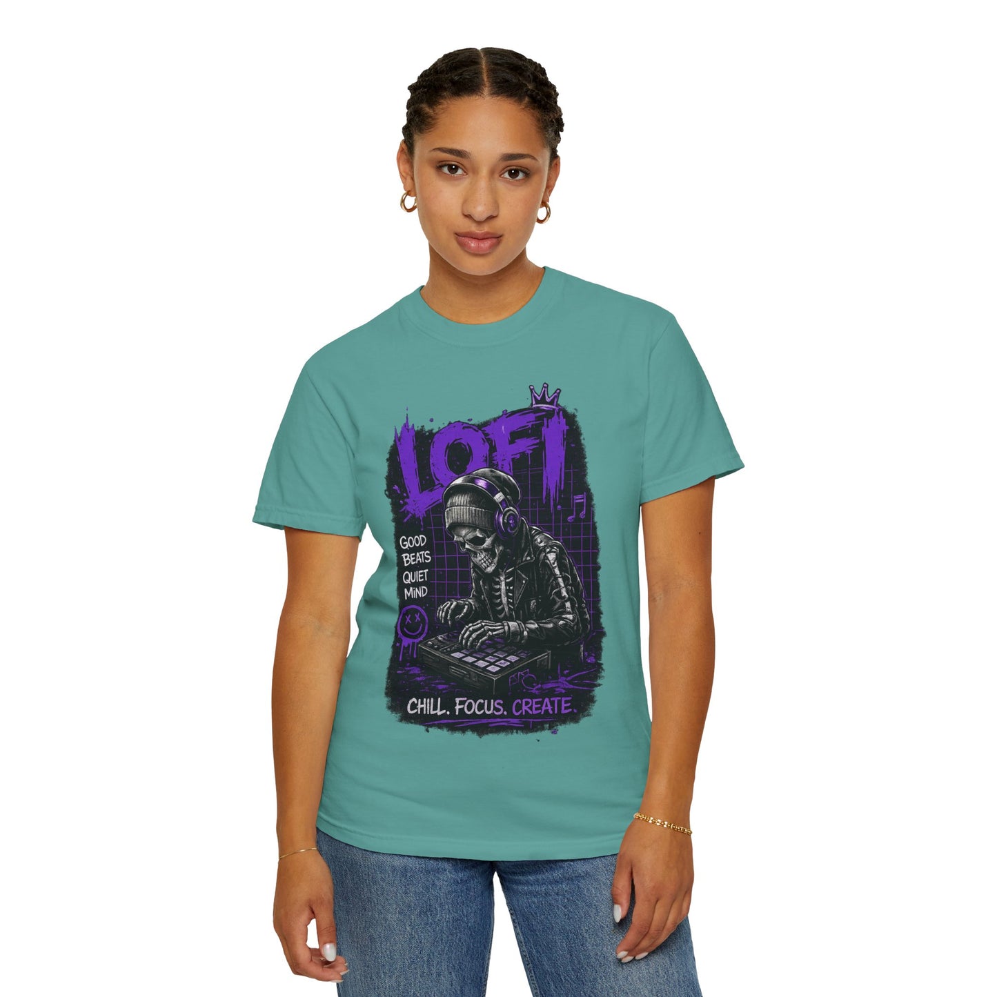 LoFi Skull DJ T-Shirt — "Chill. Focus. Create." Music Graphic Tee for Creators