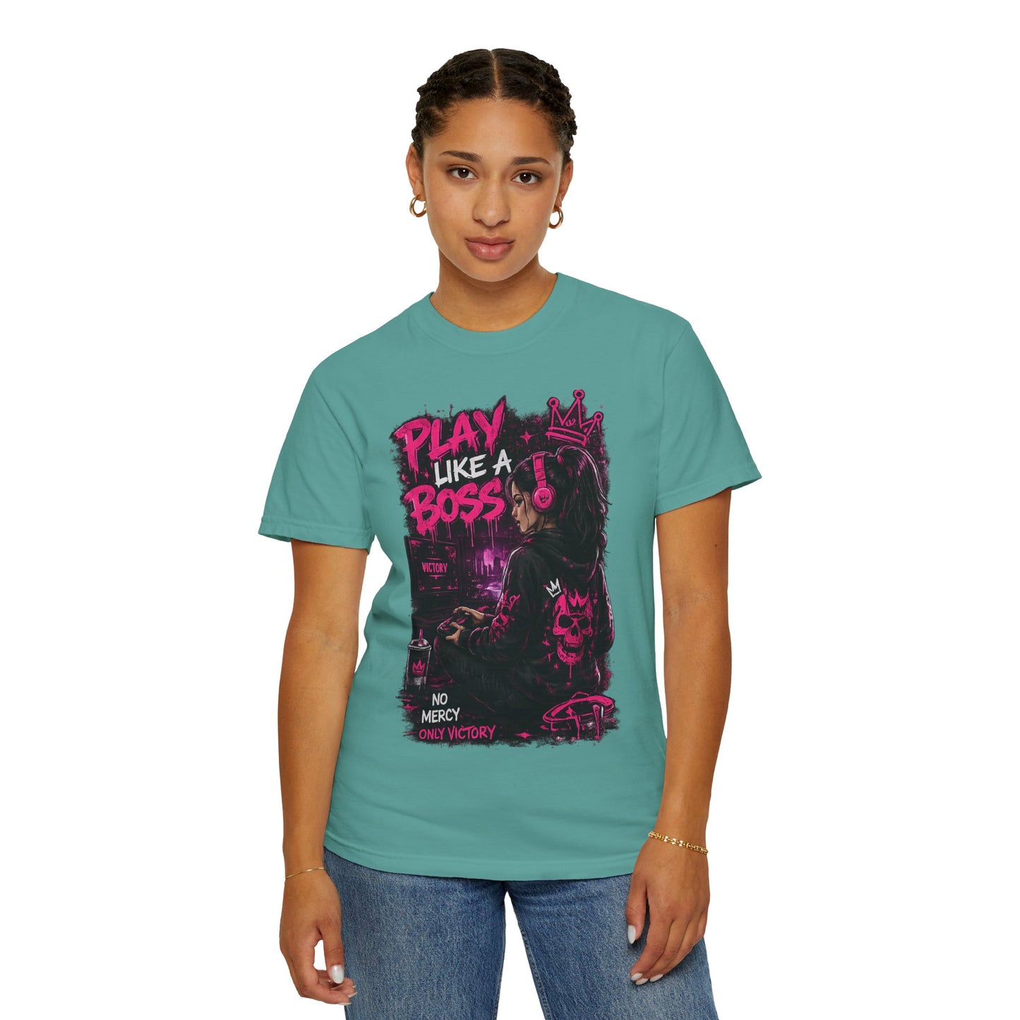 Play Like a Boss T-Shirt — Gamer Crown Graphic Tee ("No Mercy, Only Victory")