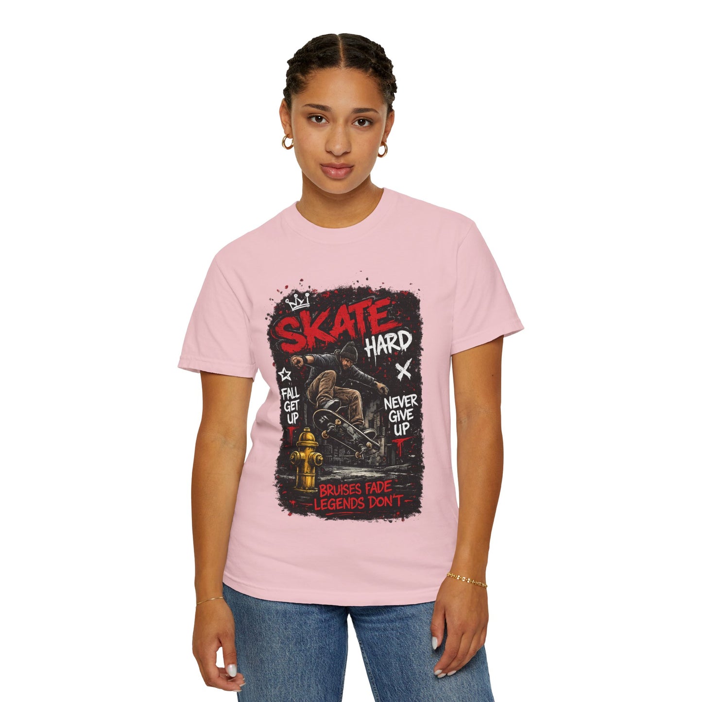 Skate Hard Graphic T-Shirt — "Skate Hard / Brushes Fade Legends Don’t" Streetwear Tee