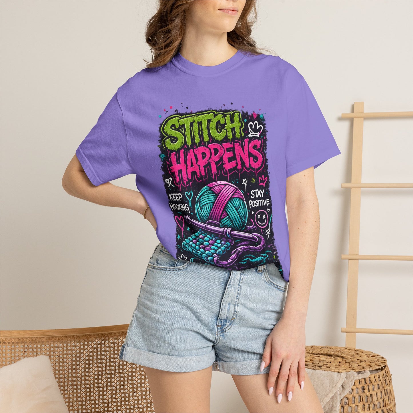 Stitch Happens T-Shirt — Funny Knitting & Crochet Graphic Tee