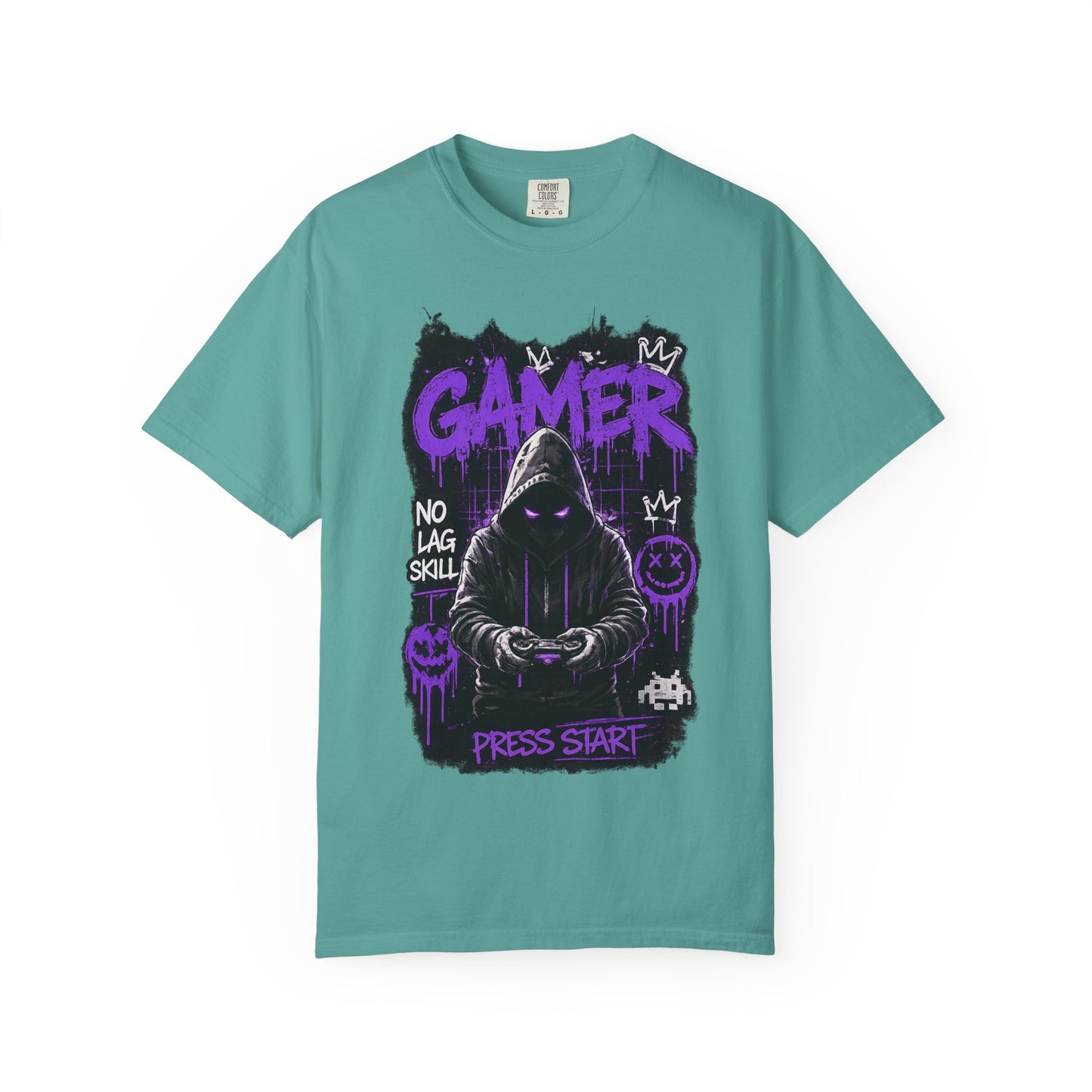 Gamer Hoodie Skull T‑Shirt — 'GAMER' Purple Graphic Press Start Tee