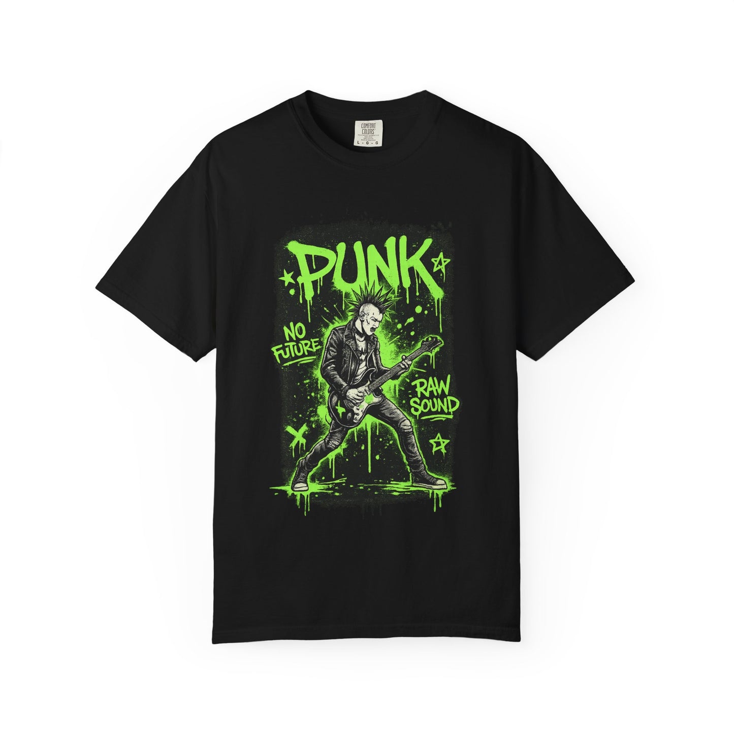 Punk Guitarist Graphic T-Shirt — “PUNK: No Future, Raw Sound” Neon Green Band Tee