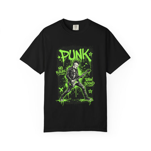 Punk Guitarist Graphic T-Shirt — “PUNK: No Future, Raw Sound” Neon Green Band Tee