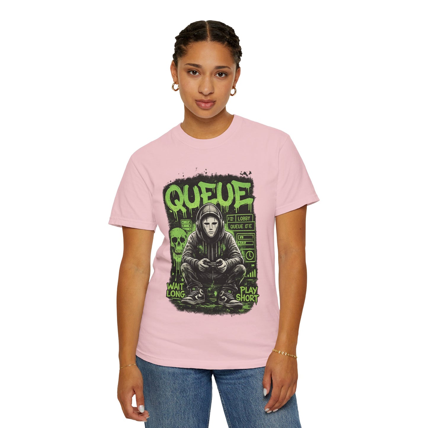 Queue Gamer Hoodie T-Shirt | Waiting Player Graphic Tee, Neon Green Skull Art