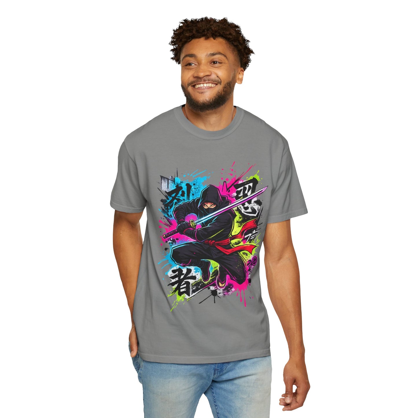 Neon Ninja Samurai T-Shirt — Vibrant Graffiti Sword Art