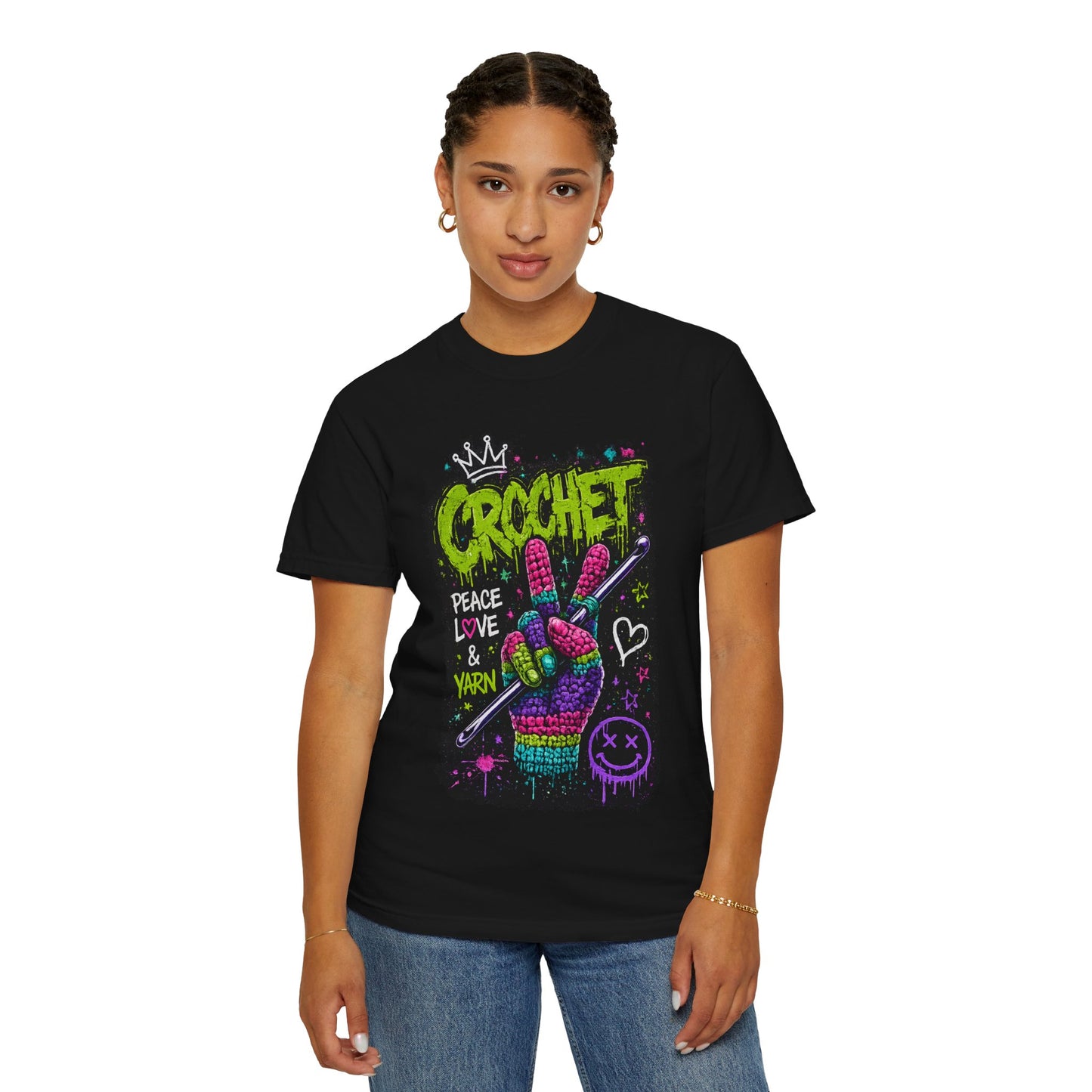 Crochet Peace Sign T-Shirt — "Crochet: Peace, Love & Yarn" Graphic Tee