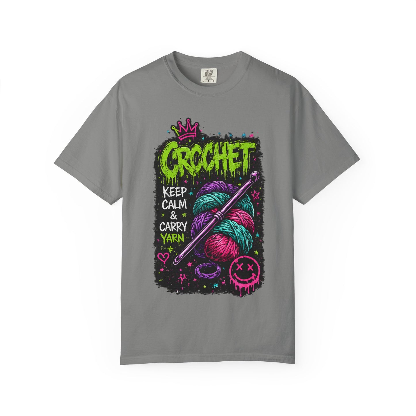 Crochet Keep Calm T-Shirt — Neon Yarn Graphic Tee for Crafters
