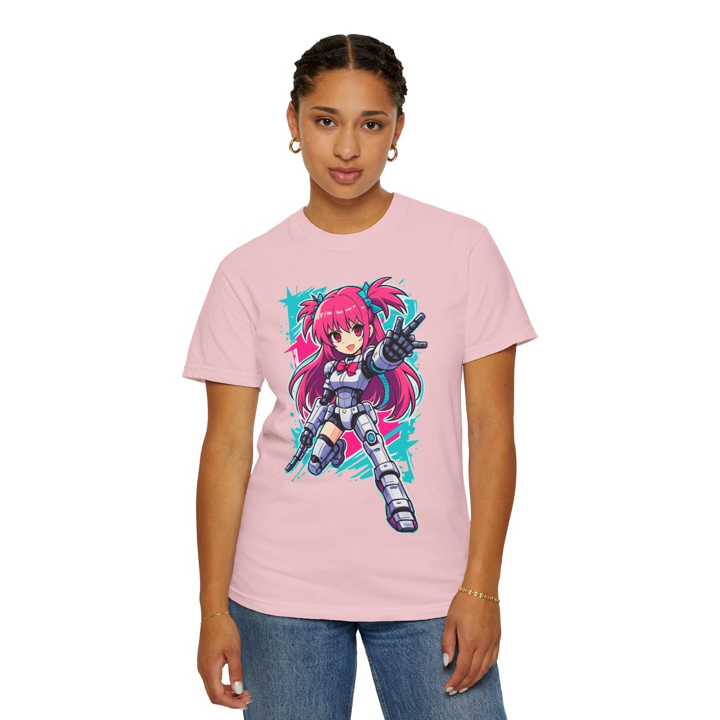 Anime Mecha Girl T-Shirt — Pink Cyberpunk Warrior Tee