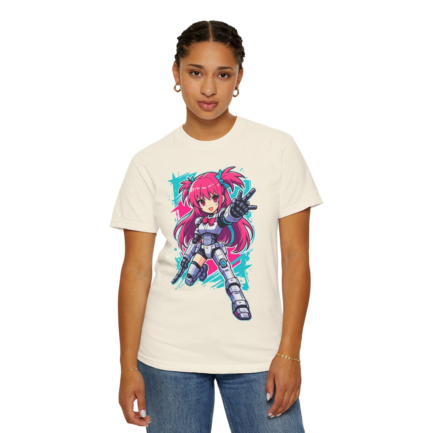 Anime Mecha Girl T-Shirt — Pink Cyberpunk Warrior Tee
