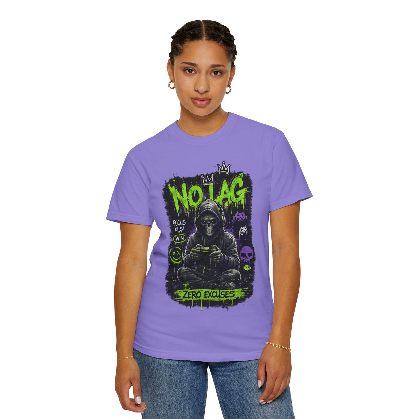 No Lag Gamer T-Shirt — “Zero Excuses” Neon Skull Gaming Tee