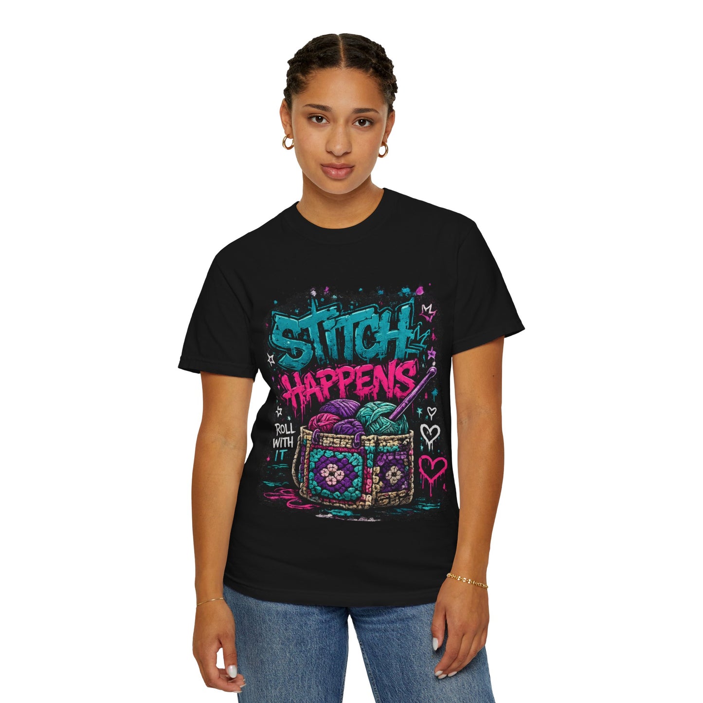Stitch Happens T‑Shirt — Funny Knitting Crochet Tee (Roll With It)