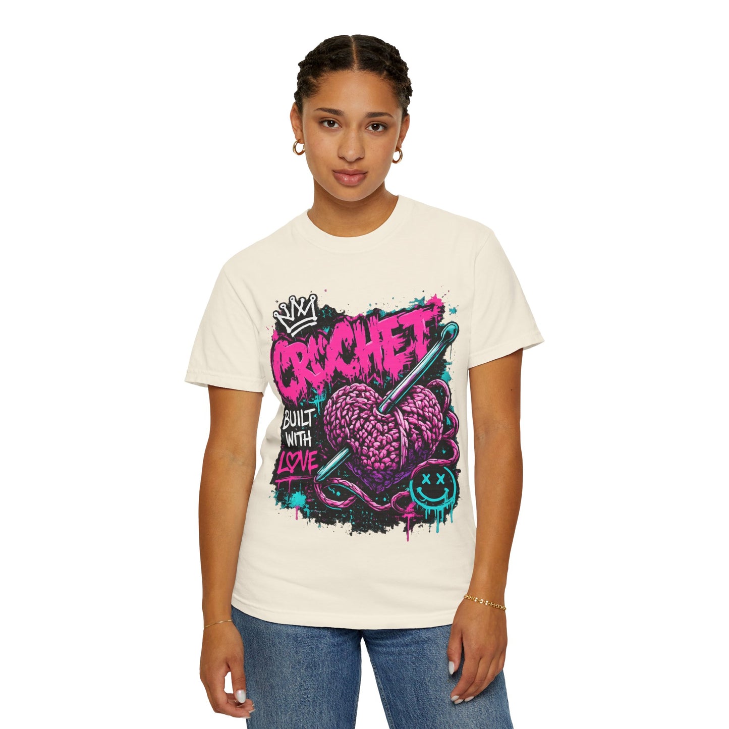 Crochet Built With Love T-Shirt — Retro Graffiti Heart Crochet Tee