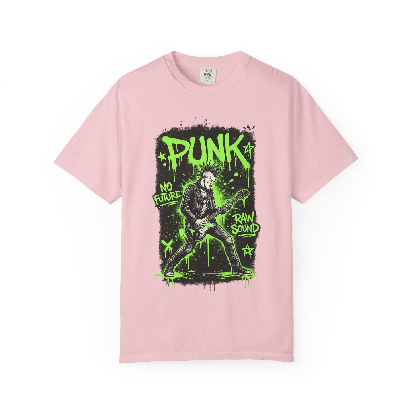 Punk Guitarist Graphic T-Shirt — “PUNK: No Future, Raw Sound” Neon Green Band Tee