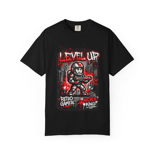Level Up Retro Gamer T-Shirt — Arcade King Pixel Shooter Tee