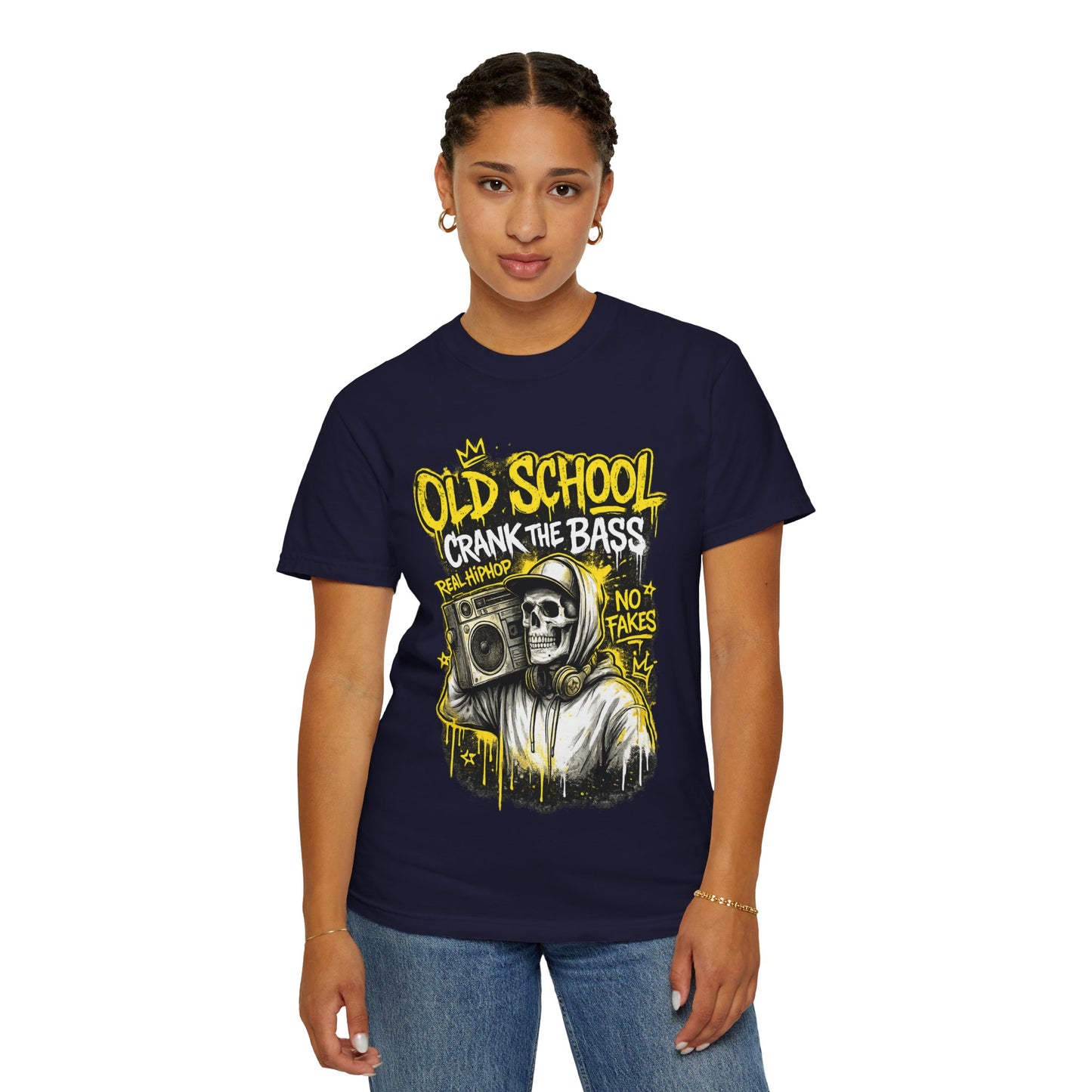Old School Crank the Bass T-Shirt — Retro Hip Hop Skull Boombox Tee
